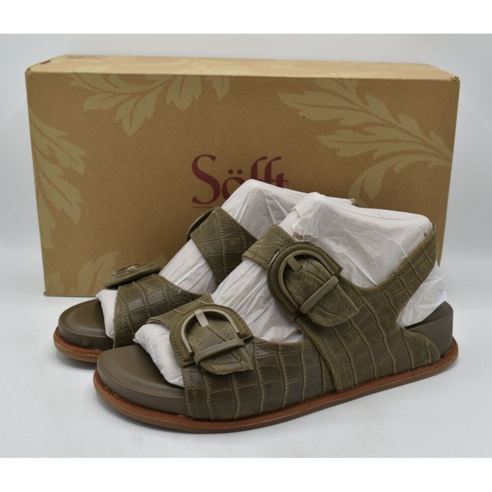 Sofft Women Size 7.5 Adalia Pale Olive Buckle Suede Croc Embossed Leather Sandal